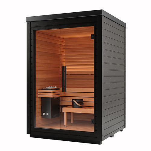 Small wooden sauna with black exterior on a white background