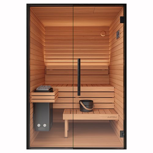 Wooden sauna with benches and a door, featuring the brand 'Auroom'.