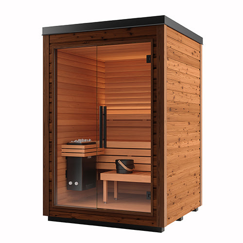 Wooden sauna with interior view on a white background
