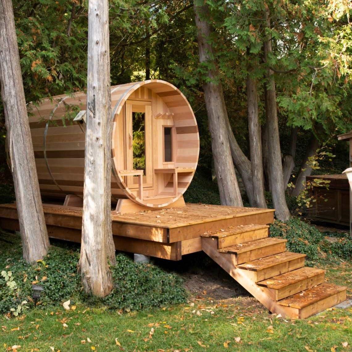 Steps up to Canadian Timber Serenity CTC2245W Traditional Outdoor Barrel Sauna