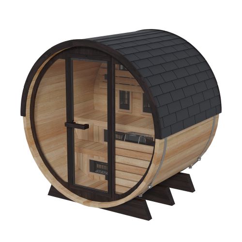 Outdoor infrared barrel sauna - top right side view