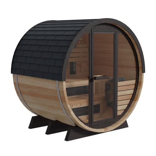 Outdoor infrared barrel sauna with shingled roof on white background