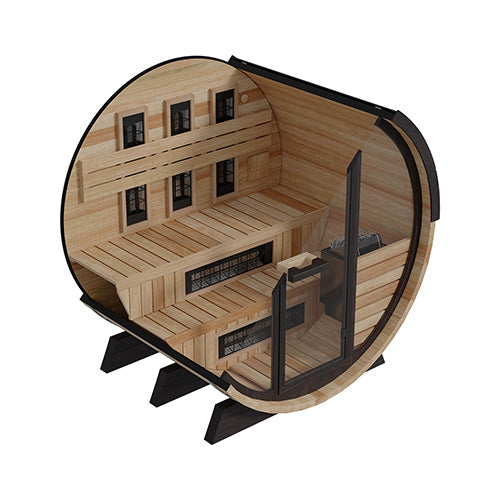 Cross section interior view of outdoor barrel sauna