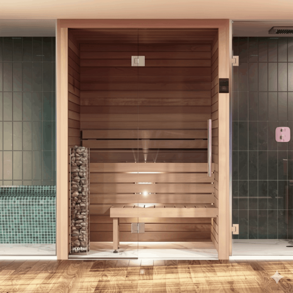 Wooden sauna with glass door in a tiled room