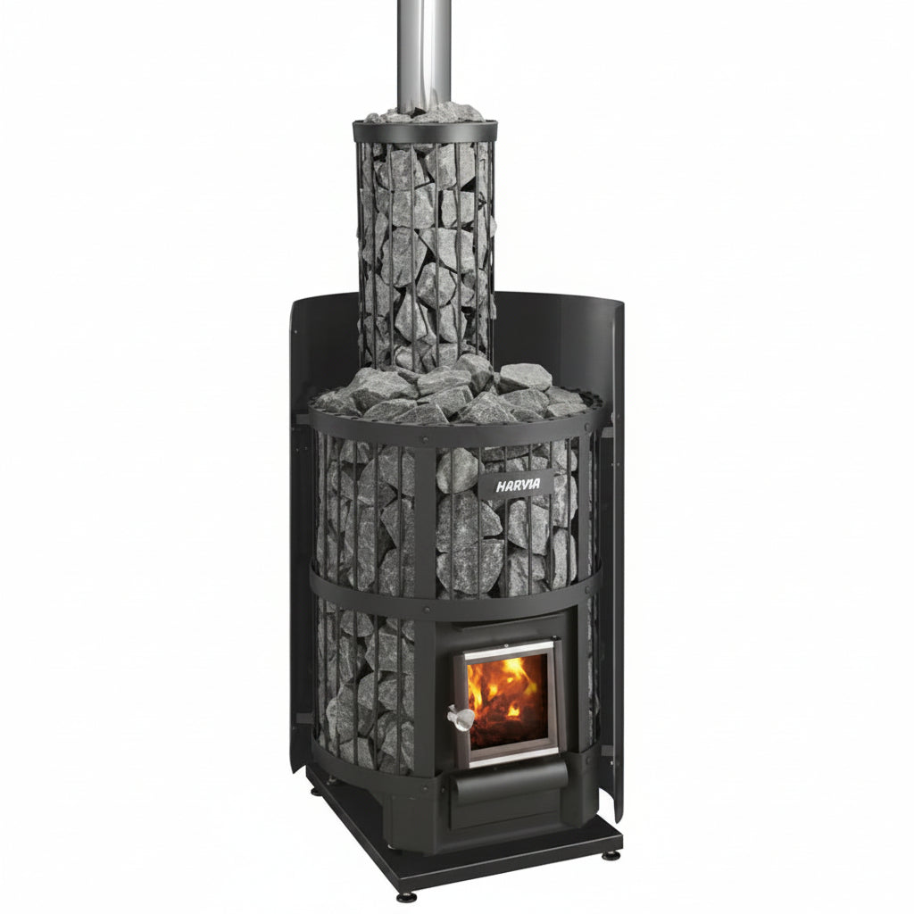 Wood-burning stove with stone design on a white background
