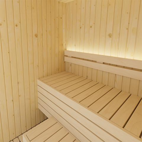 Interior Sauna Benches with light in the background