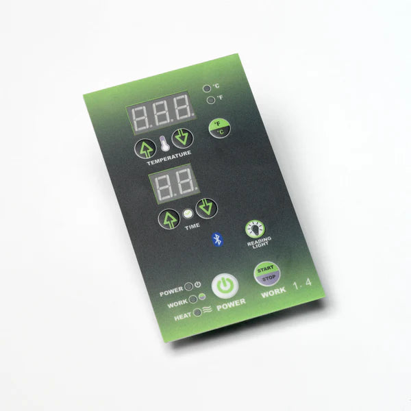 Control panel with digital display and various buttons on a white background