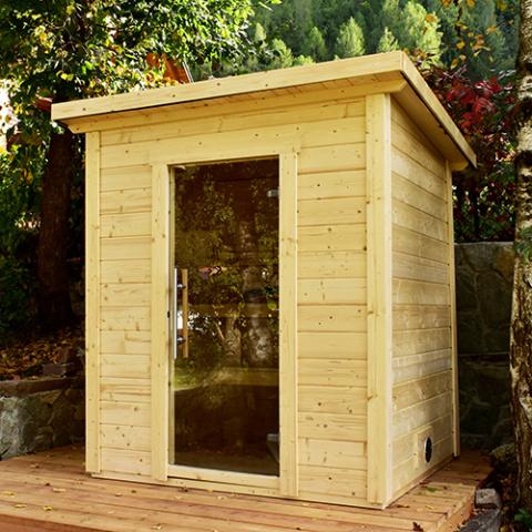 4 Person outdoor sauna on a deck in a backyard