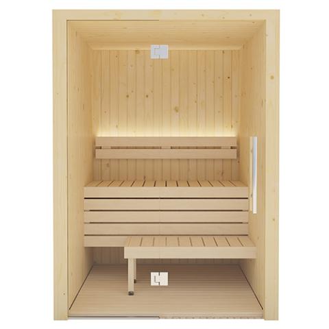 Wooden sauna with benches on a white background