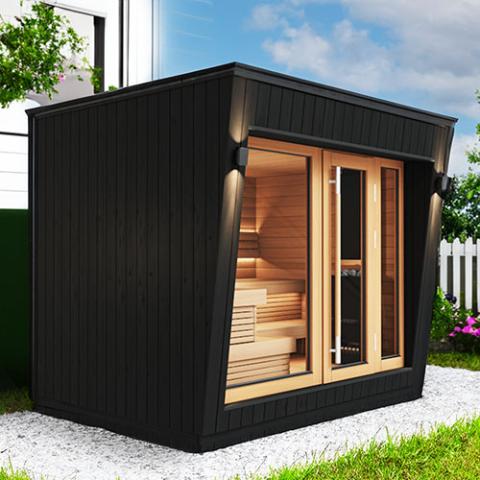 Saunum Air Cube Space Outdoor Cabin Sauna in backyard on gravel
