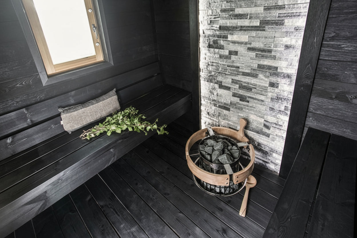 Harvia Cilindro Electric Sauna Heater sunken in sauna with safety railing