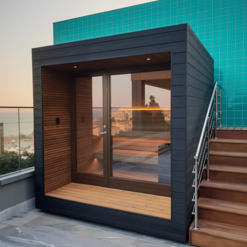 An outdoor traditional luxury sauna with a glass door and window, featuring wooden benches and a black exterior.