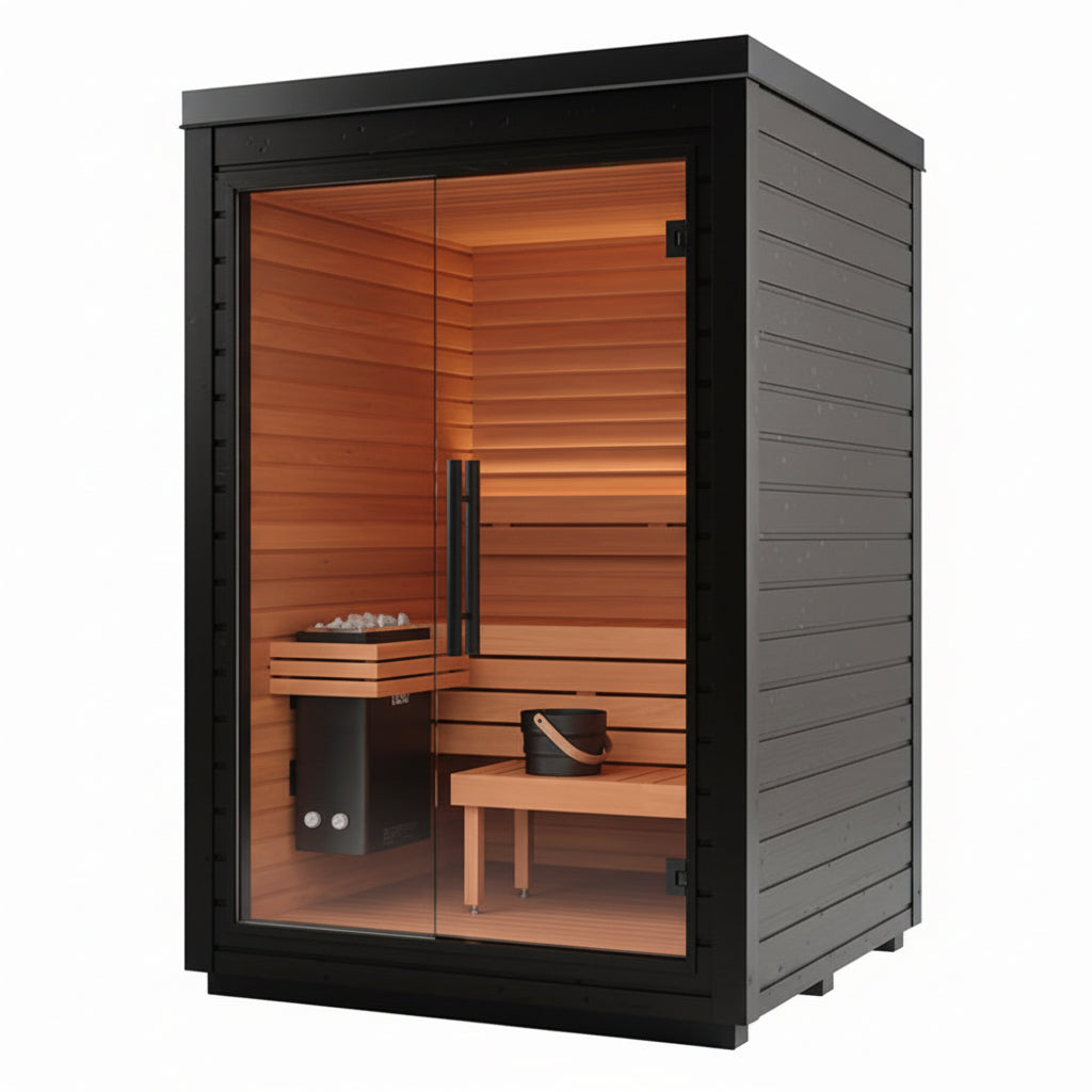 Small wooden sauna with black exterior on a white background