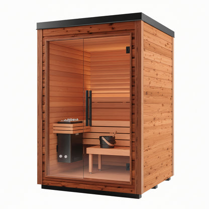 Wooden sauna with interior view on a white background