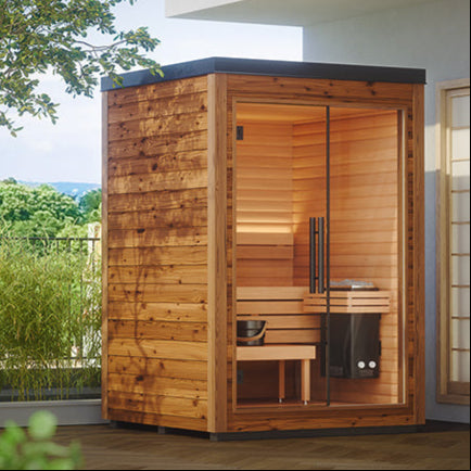 Wooden sauna with glass door in an outdoor setting