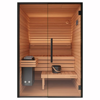 Wooden sauna with benches and a door, featuring the brand 'Auroom'.