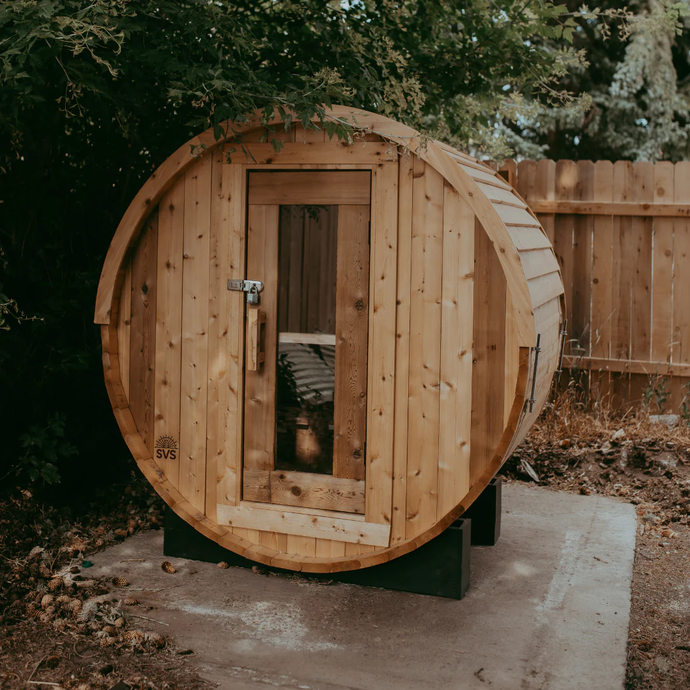 2 Person Baldy Barrel Sauna With Cedar Roof in backyard