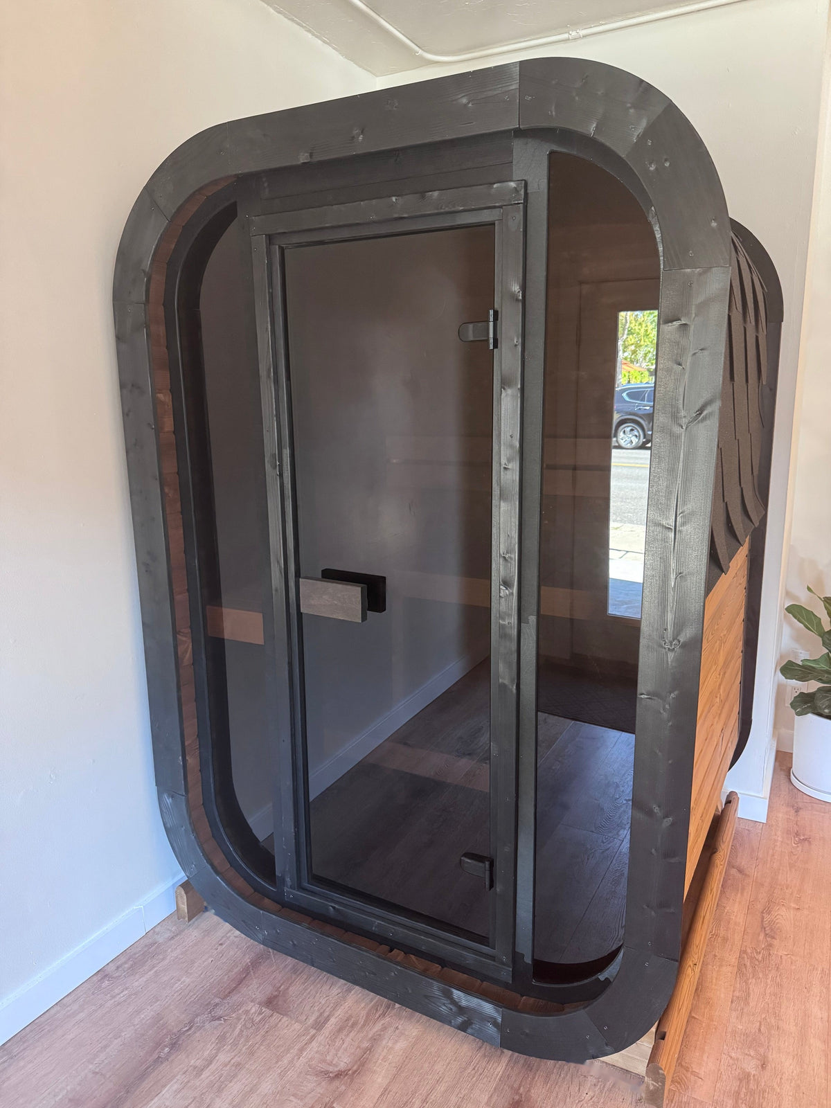 SaunaLife CL3G 2-Person Outdoor Cube Sauna glass front in the Sun Valley Saunas showroom
