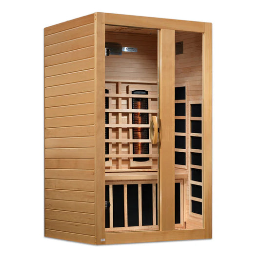 Wooden infrared sauna with interior components on a white background