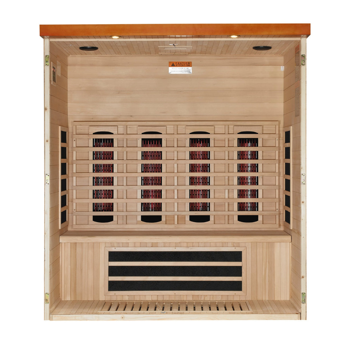 Dynamic Vila Grande 4 Person Full Spectrum Infrared Sauna interior with front wall removed