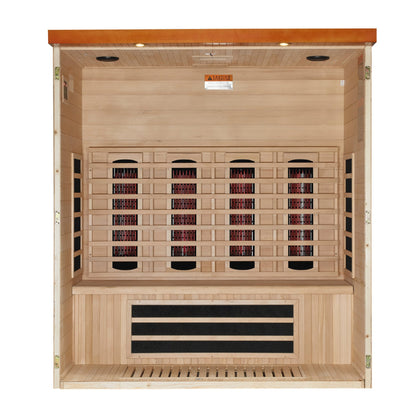 Dynamic Vila Grande 4 Person Full Spectrum Infrared Sauna interior with front wall removed