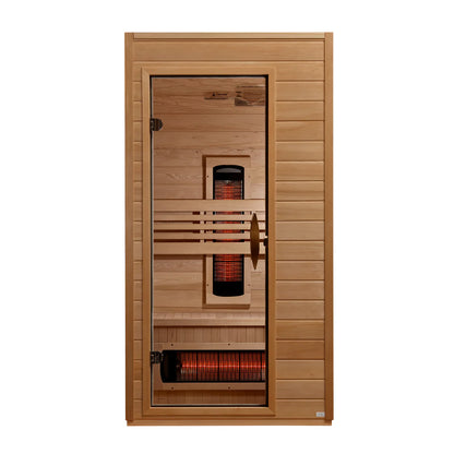 Wooden infrared sauna with infrared heating elements on a white background