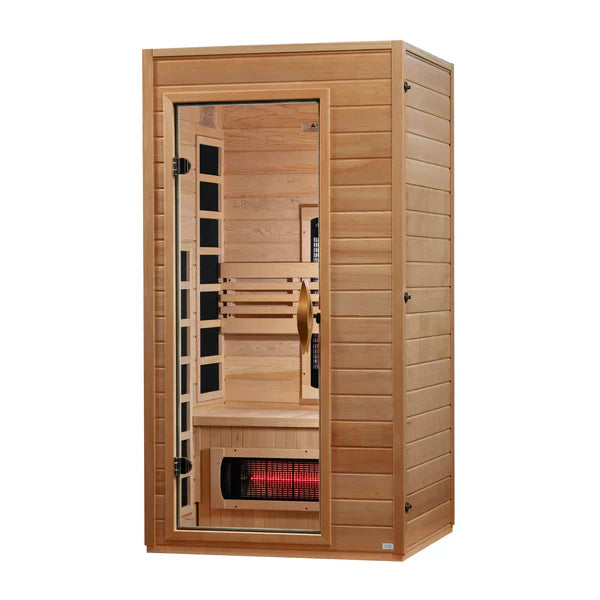 Wooden infrared sauna with visible heating elements on a white background