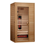 Wooden infrared sauna with visible heating elements on a white background