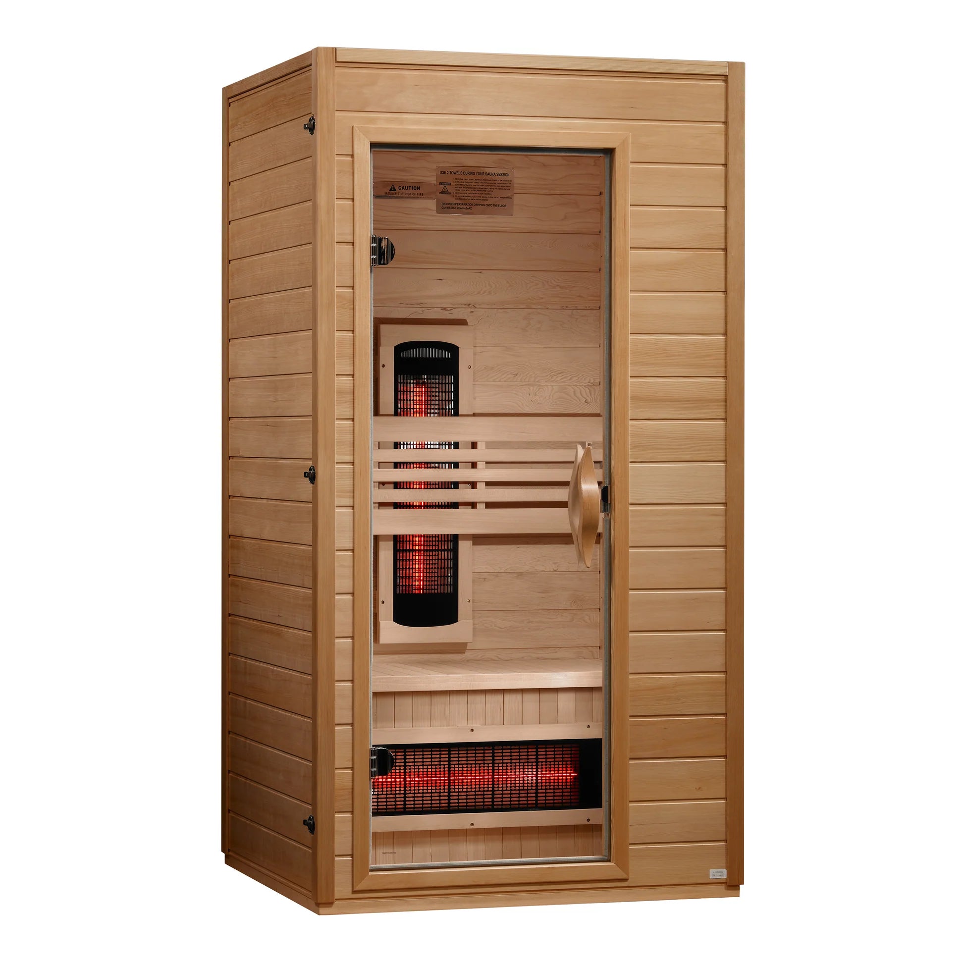 Wooden infrared sauna with visible heating elements on a white background