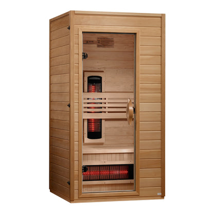Wooden infrared sauna with visible heating elements on a white background