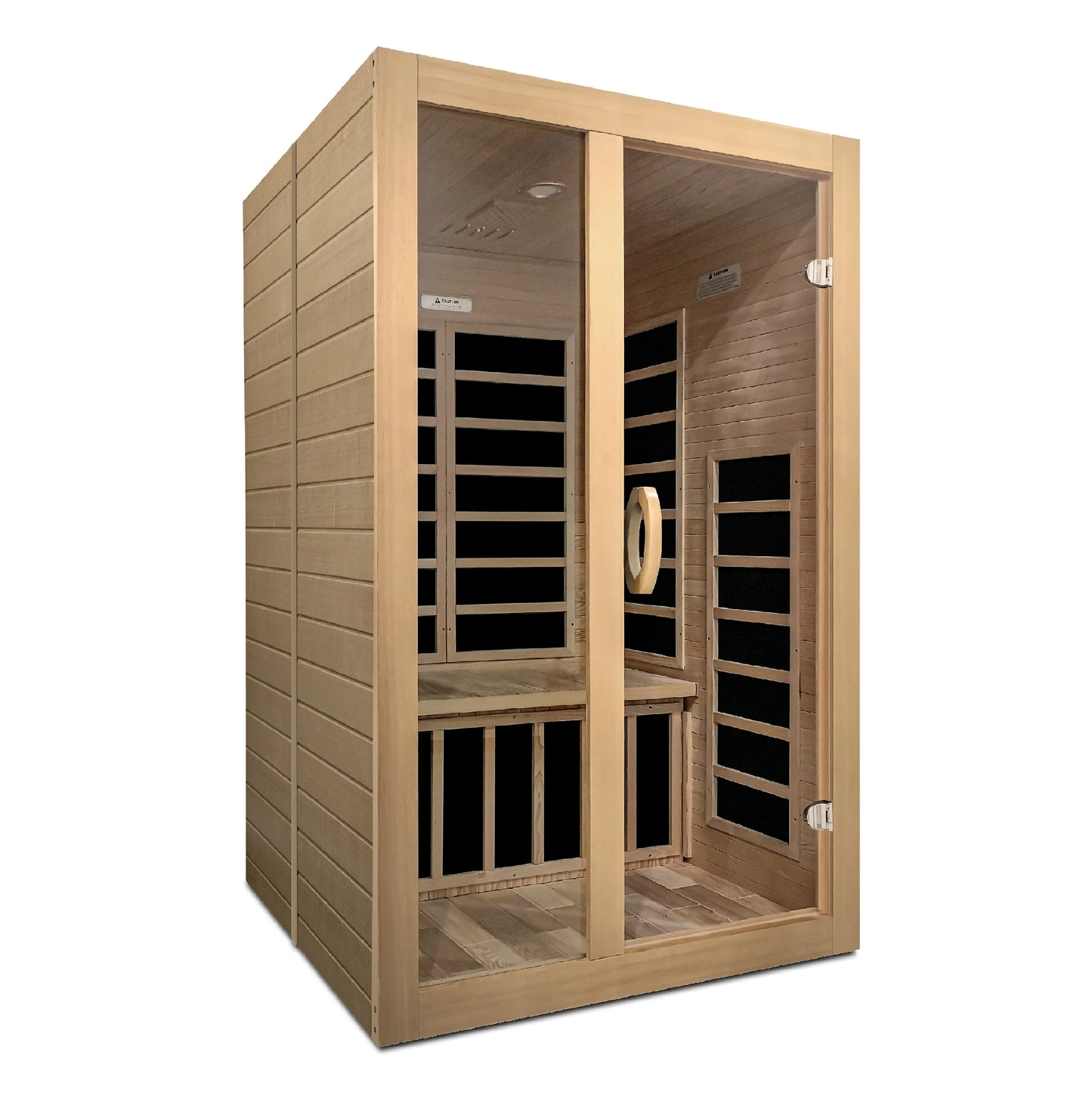 A Dynamic Saunas Santiago 2 Person Low EMF FAR Infrared Sauna made from wood, featuring a glass door and internal lighting.