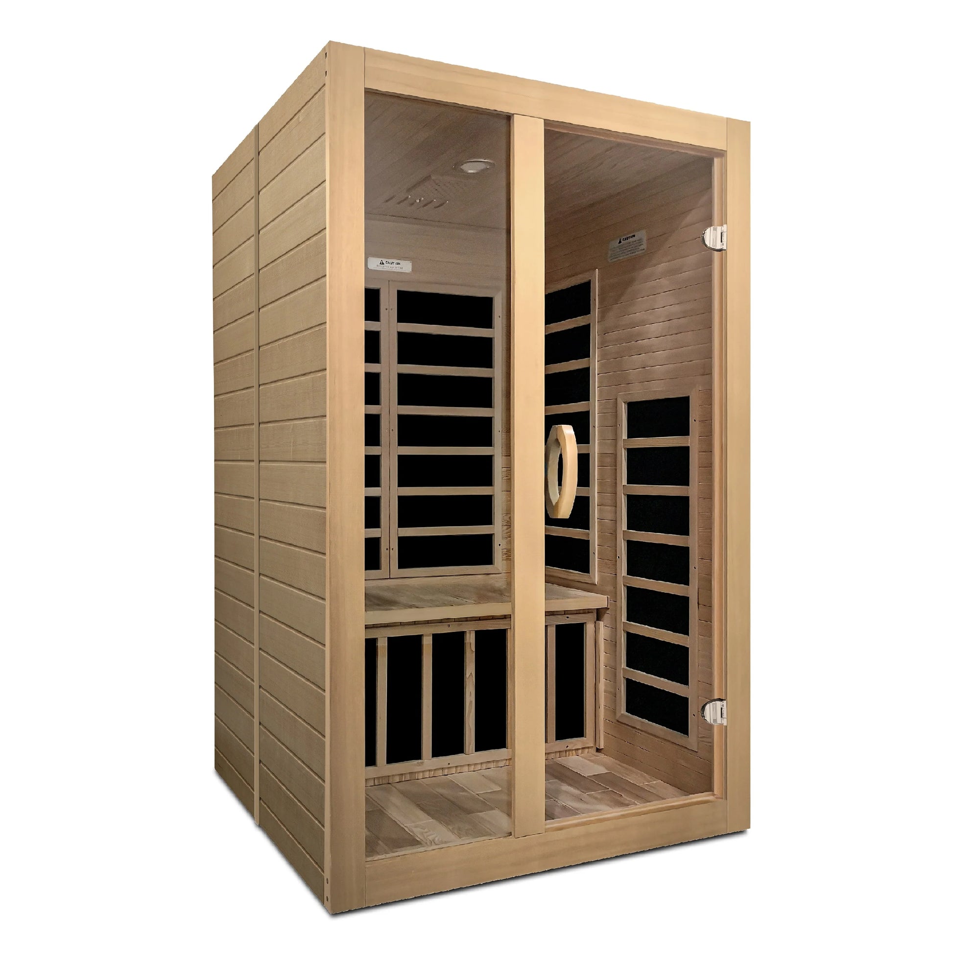 A Dynamic Saunas Santiago 2 Person Low EMF FAR Infrared Sauna made from wood, featuring a glass door and internal lighting.