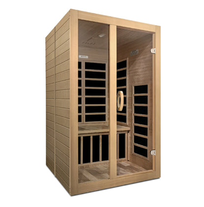 A Dynamic Saunas Santiago 2 Person Low EMF FAR Infrared Sauna made from wood, featuring a glass door and internal lighting.