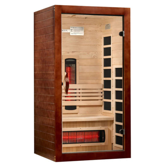 Wooden infrared sauna with open door showing interior layout on a white background