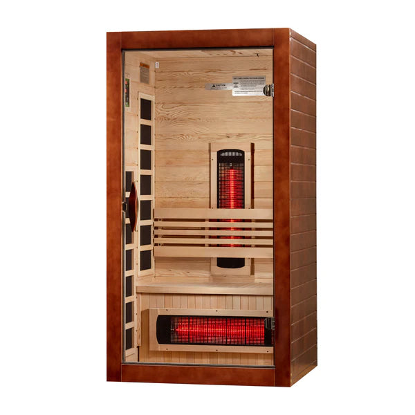 Wooden infrared sauna with visible heating elements on a white background