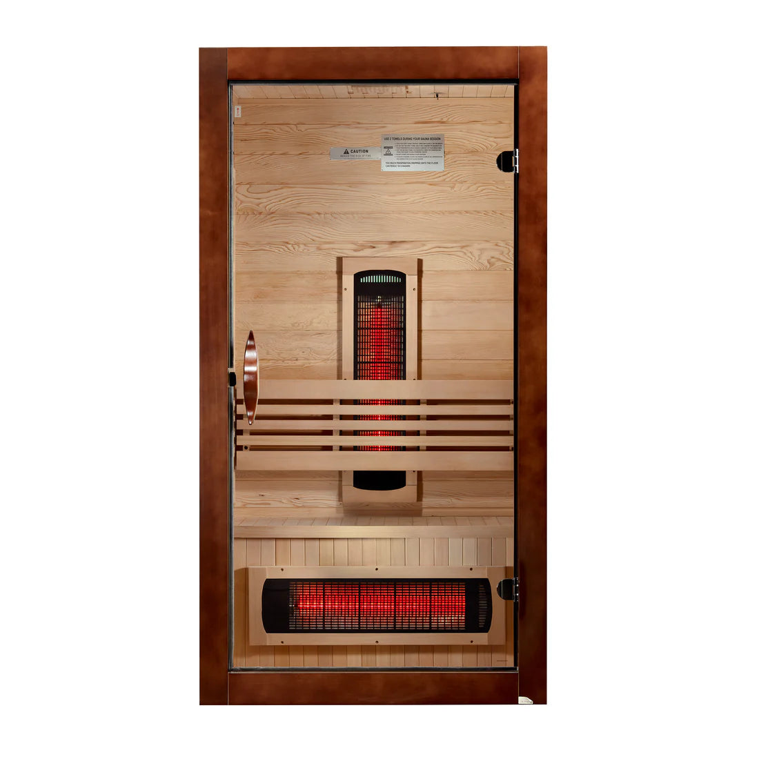 Interior of wood infrared sauna with infrared heating elements on a white background