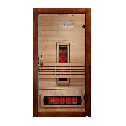 Interior of wood infrared sauna with infrared heating elements on a white background