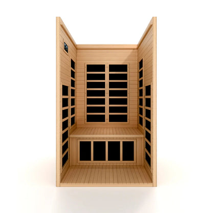 Wooden sauna with a bench and  infrared heating panels on a white background