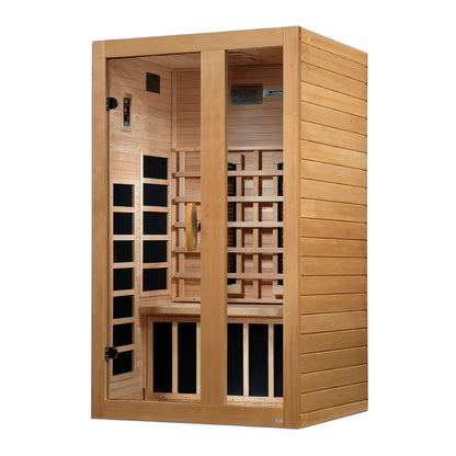 Wooden infrared sauna with glass panels on a white background