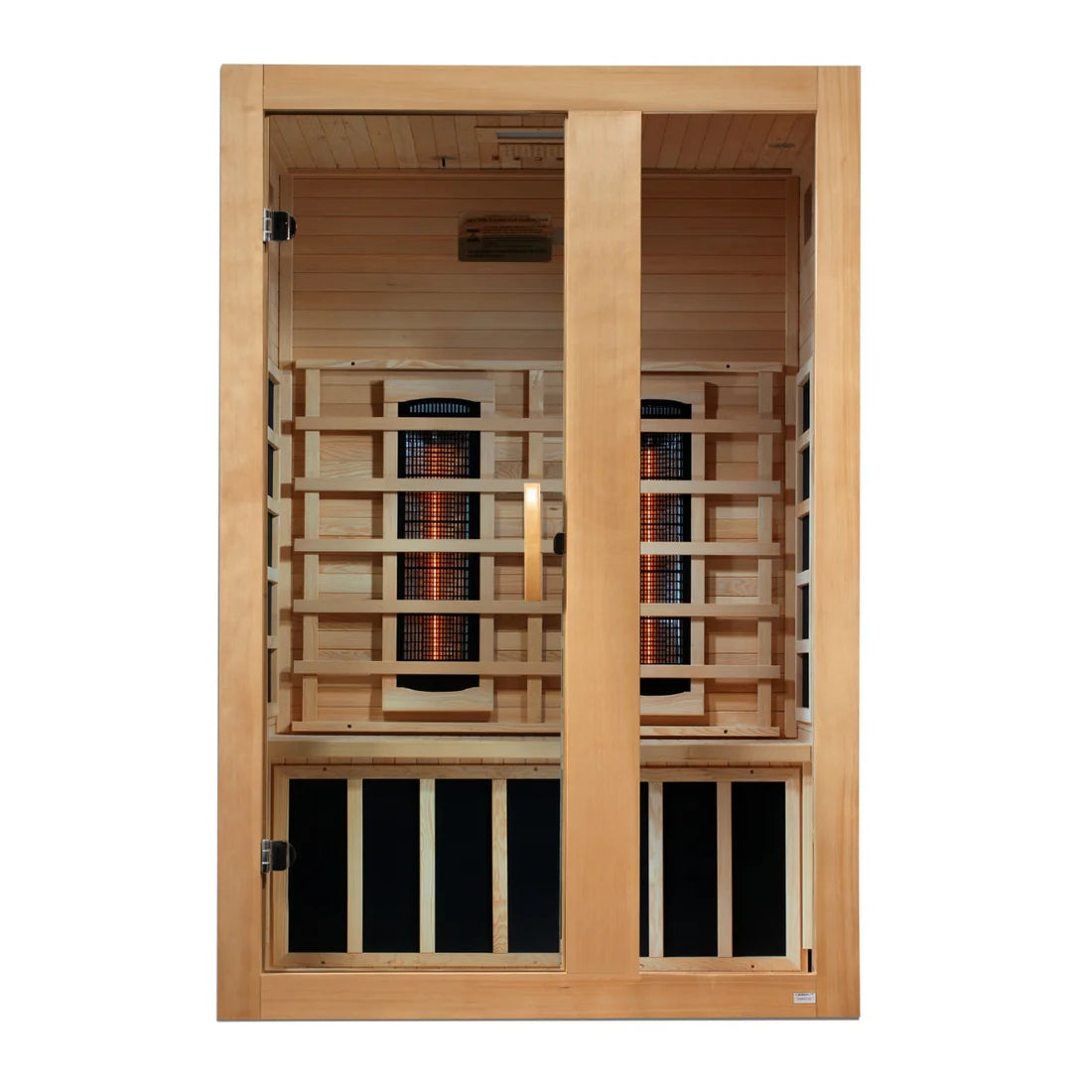 Wooden infrared sauna with interior heating elements on a white background