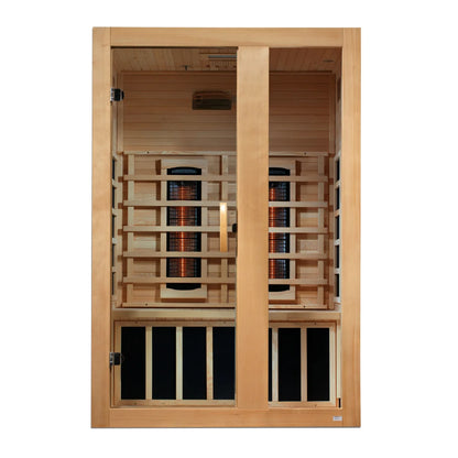 Wooden infrared sauna with interior heating elements on a white background