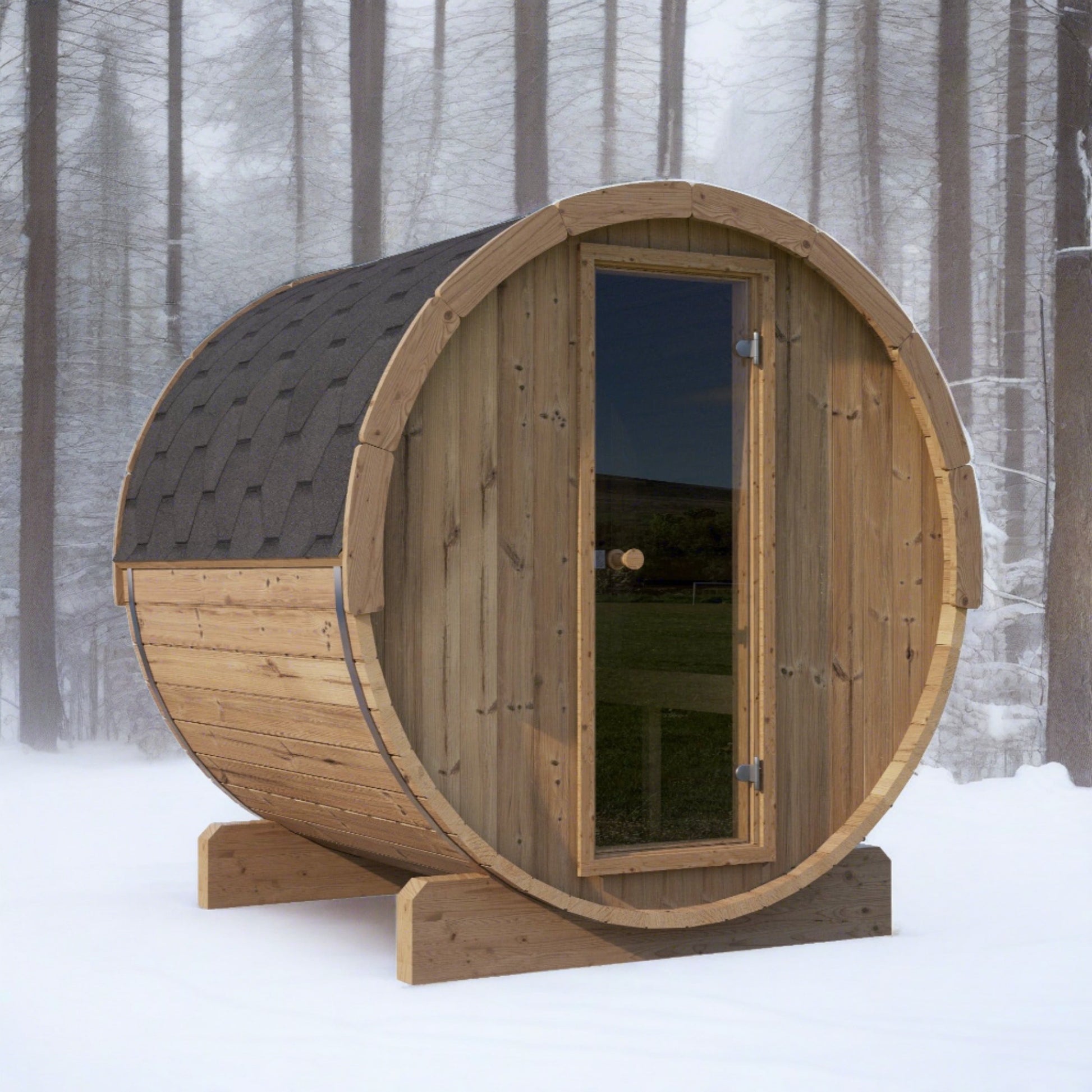 SaunaLife E7 4 Person Barrel Sauna In The Woods