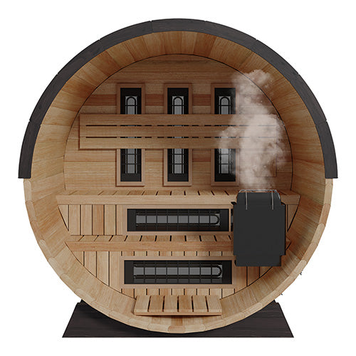Outdoor infrared barrel sauna with traditional heater emitting steam