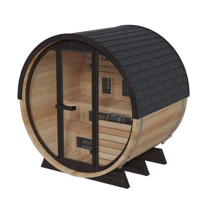 Outdoor infrared barrel sauna - top right side view