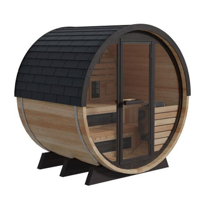 Outdoor infrared barrel sauna with shingled roof on white background