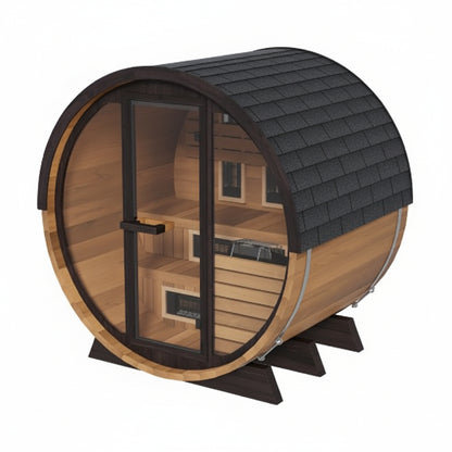 Wooden barrel-shaped sauna with a black roof on a white background