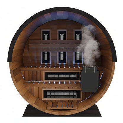 Wooden barrel with a sauna heater inside, emitting steam.