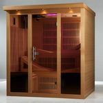 Wooden infrared sauna with benches on a white background