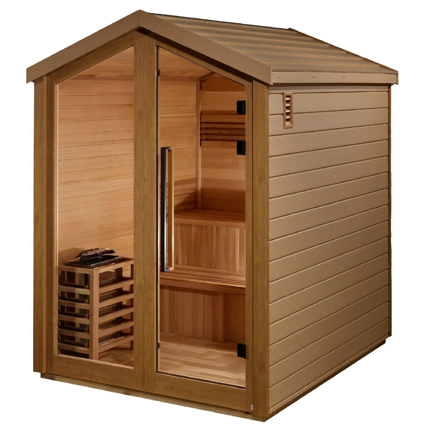 Golden Designs Kaarina Outdoor Traditional Sauna, GDI-8506-01, Inside and Outside View