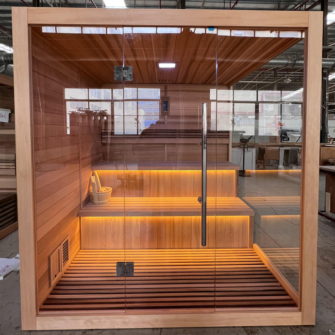 Golden Designs Kuusamo 6 Person Traditional Indoor Sauna in factory - front view
